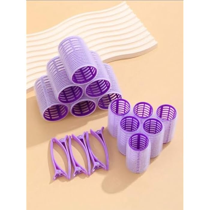 Hair Rollers Set, 18 Pieces with Clips, Large and Medium Size for All Hair Types (Self-Grip) (Purple, Large) - Image 2